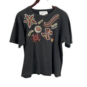 Vintage 90s Santoria Black Embroidered Beaded T-Shirt‎ Boho Artsy Y2K Top Large